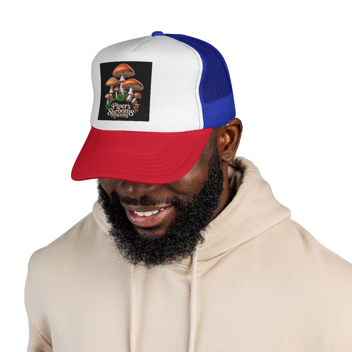 Mushroom Trucker Cap — "Piper's Shrooms" Retro Forest Patch Hat