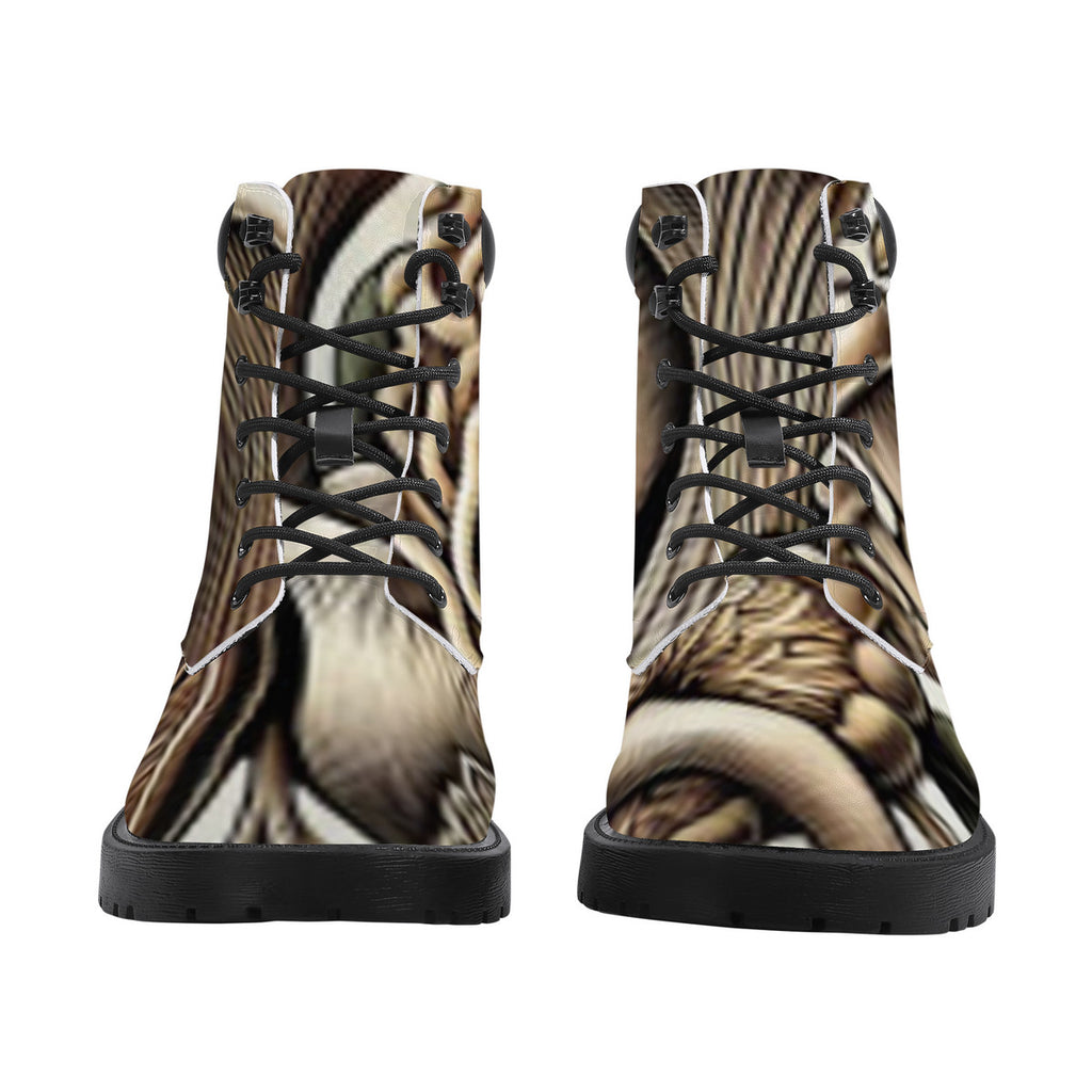Earth Tones Custom Design Mushroom Print Synthetic Leather Boots - Vegan Waterproof All-Season Boots