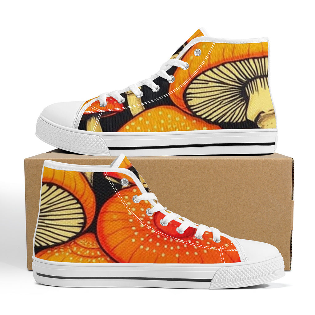 High-Top Orange & Black Custom Mushroom Print Canvas Shoes with Customized Tongue - White