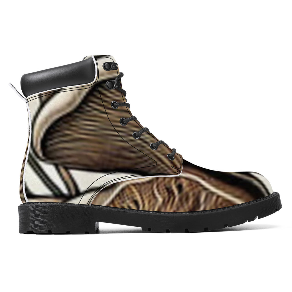 Earth Tones Custom Design Mushroom Print Synthetic Leather Boots - Vegan Waterproof All-Season Boots