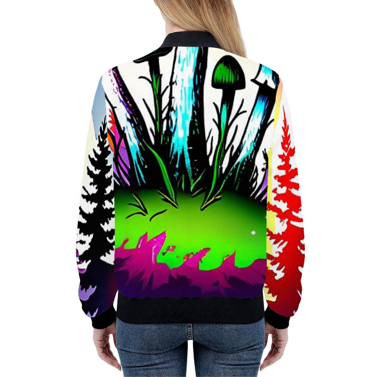 Women's Colorful Custom Mushroom Print Bomber Jacket - Premium Polyester Print