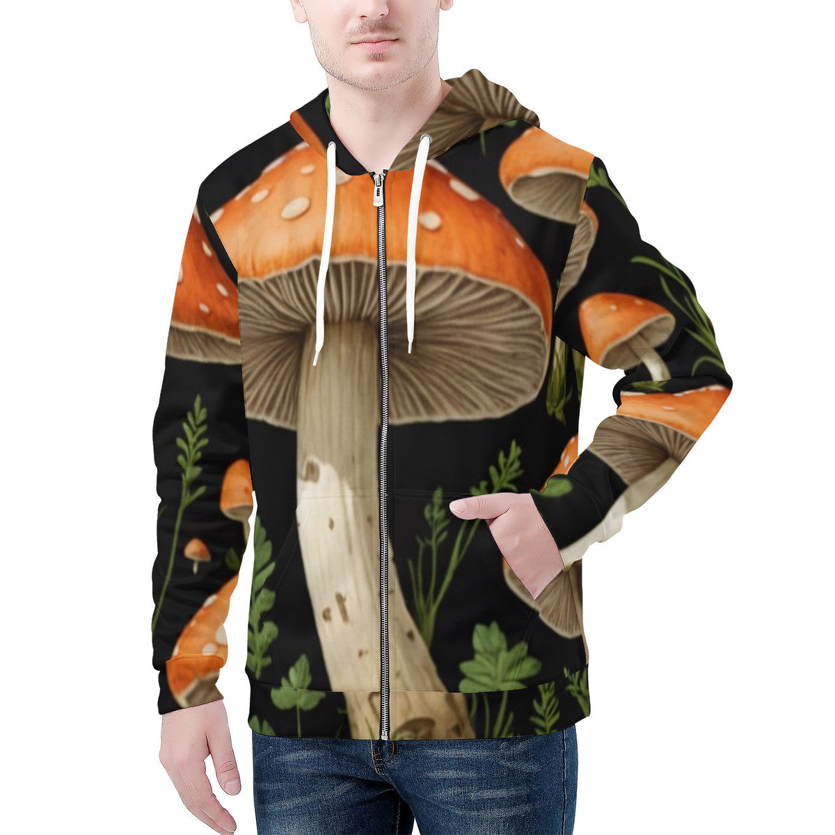 Men's All Over Print Zip Custom Mushroom Print Hoodie