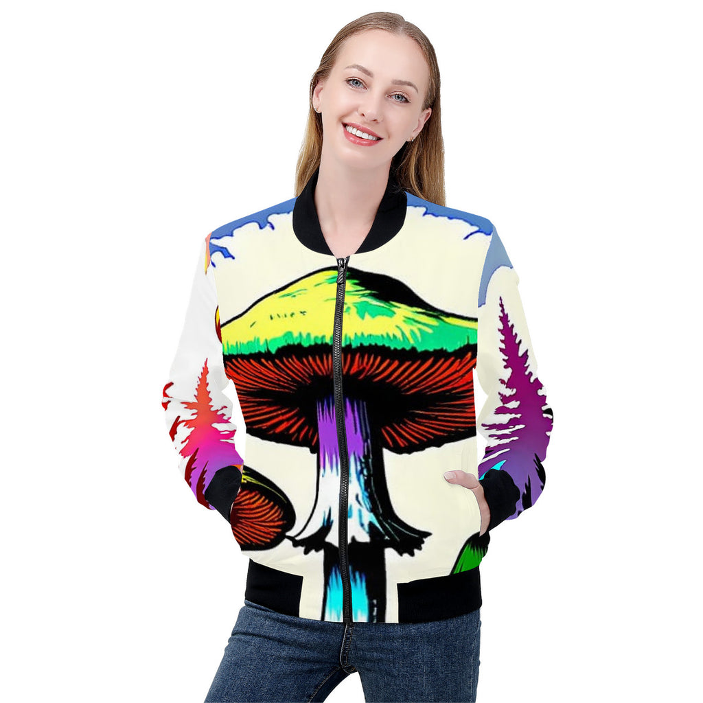 Women's Colorful Custom Mushroom Print Bomber Jacket - Premium Polyester Print
