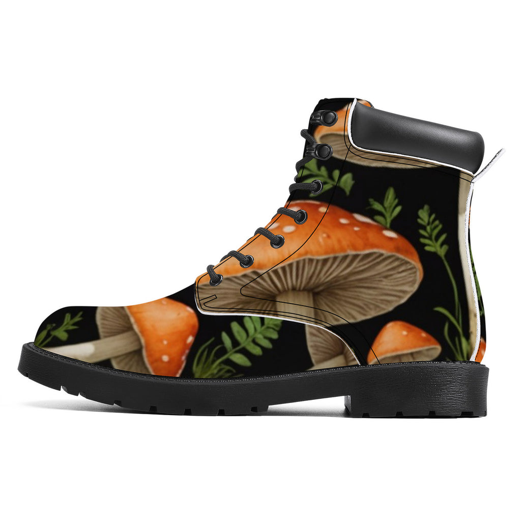 In the Forest Custom Design Mushroom Print Synthetic Leather Boots - Vegan Waterproof All-Season Boots