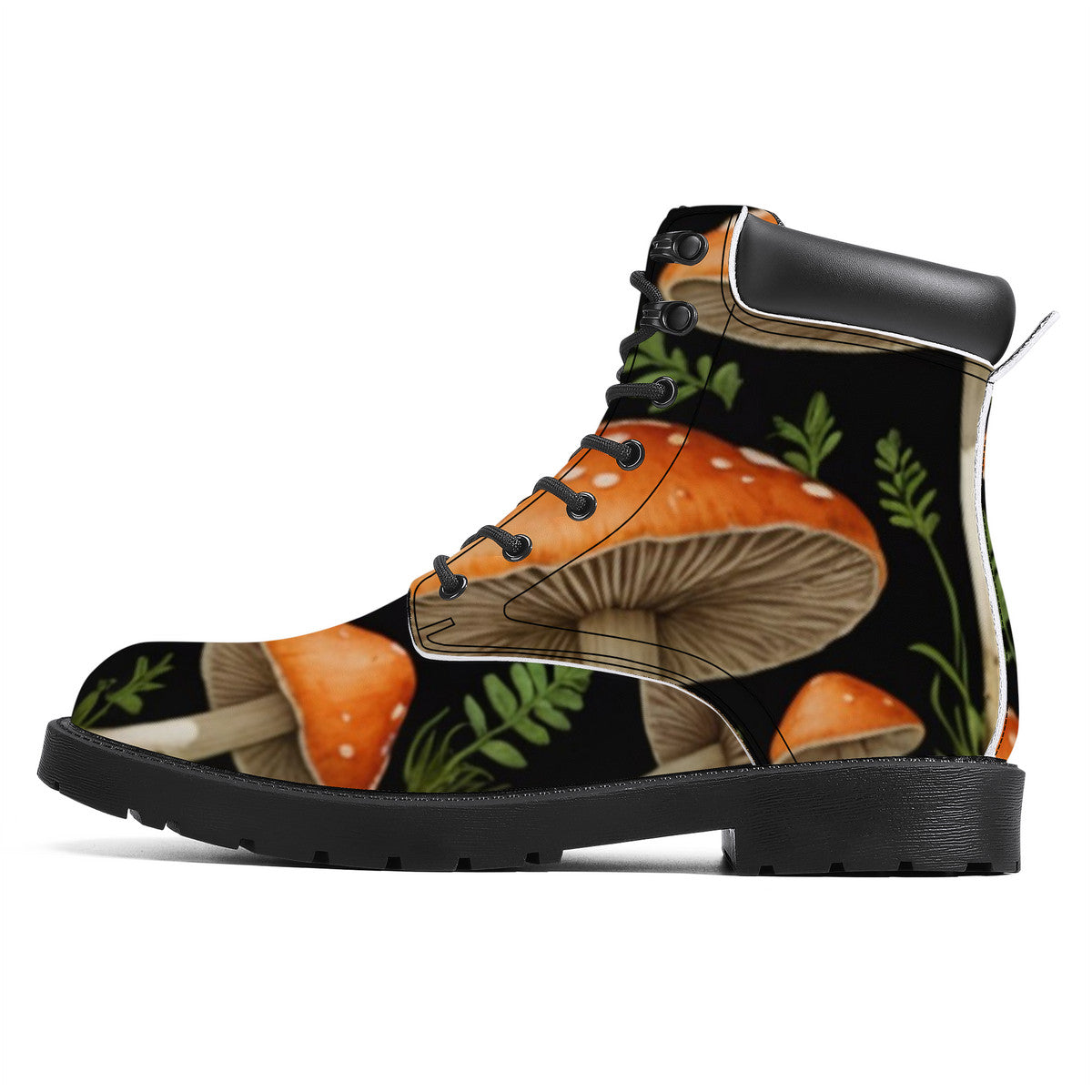 In the Forest Custom Design Mushroom Print Synthetic Leather Boots - Vegan Waterproof All-Season Boots