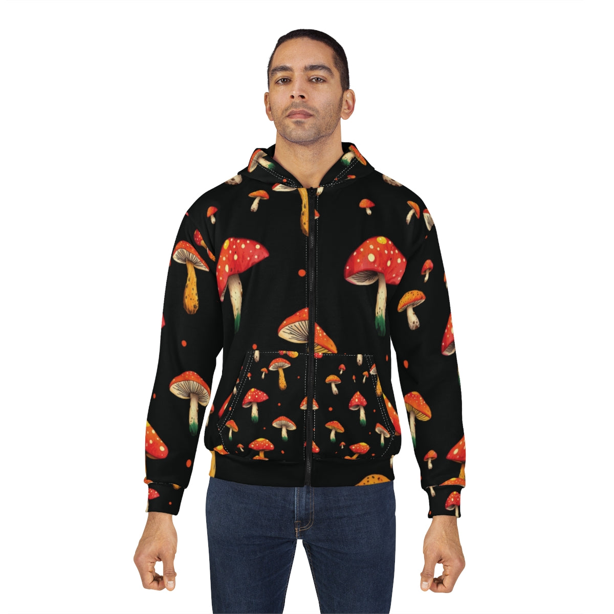 Sudadera con capucha y cremallera con diseño de setas — Estampado integral de amanita muscaria