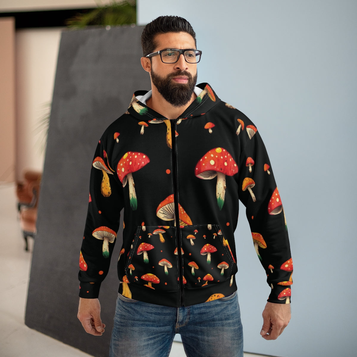 Mushroom Pattern Zip Hoodie — Red Toadstool All-Over Print