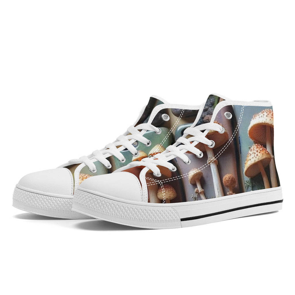 Zapatillas Altas de Lona con Estampado Personalizado de Hongos Naranja Perfectos con Puntos Amarillos