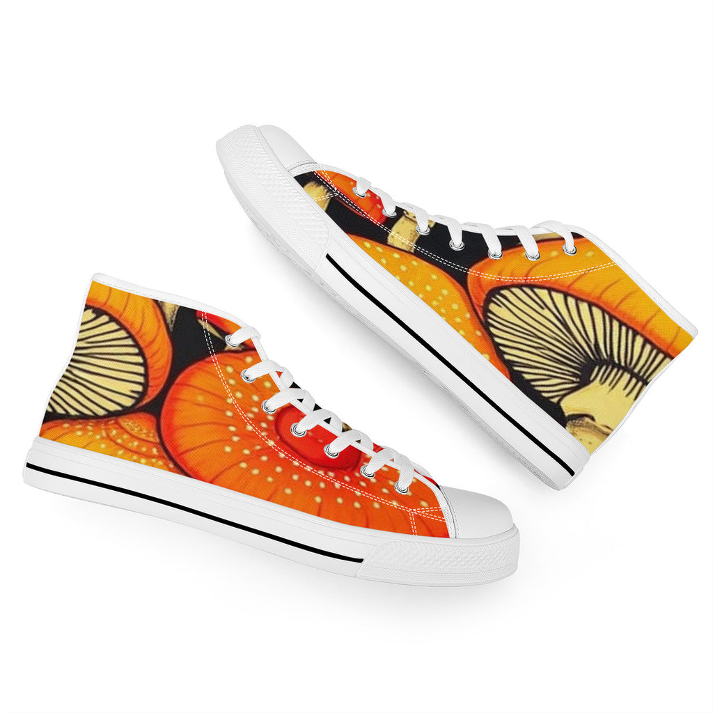 High-Top Orange & Black Custom Mushroom Print Canvas Shoes with Customized Tongue - White